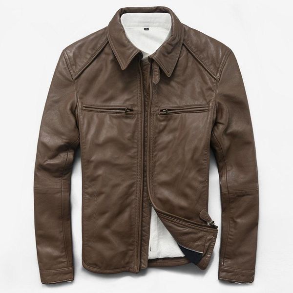 

men's leather & faux genuine jacket men real sheepskin spring autumn short motocycle plus size coat 180001mf609, Black