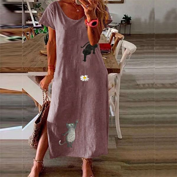 

casual dress summer round neck short sleeve cartoon print long skirt loose casual dress, Black;gray