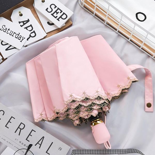 

umbrellas fully automatic fold sun 3fold umbrella pink girl anti-uv outdoor steel rain and shade lace paraguas gear be50um