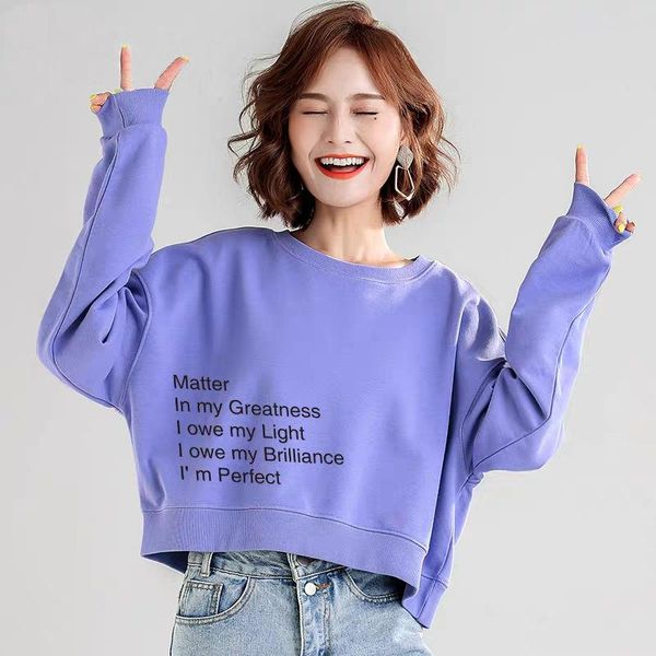

women's hoodies & sweatshirts 2021 arrival spring/autumn women casual loose cotton short letter print pullovers batwing sleeve o-neck c, Black