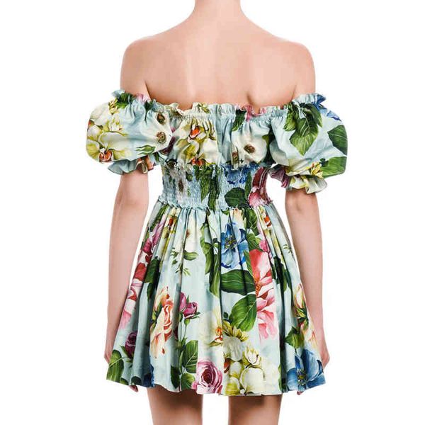 

casual dresses runway women off shoulder print ruffles buttons pocket elastic waist beach boho summer puff sleeve rose floral shor, Black;gray