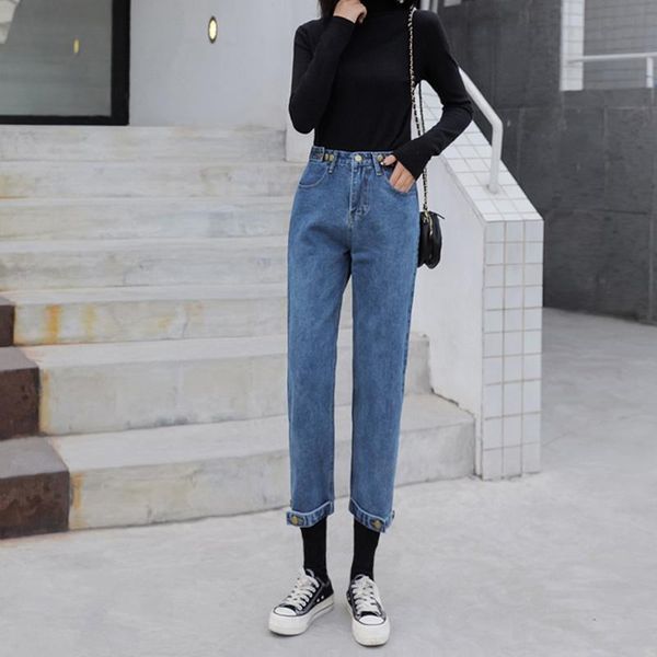 

women's jeans autumn women loose high waist ankle long pants button elastic harlan casual boyfriend denim nine points, Blue