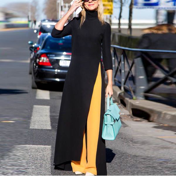 

casual dresses spring fashion black turtleneck three quarter sleeve split hem woman floor-length dress female sc312 v56v, Black;gray