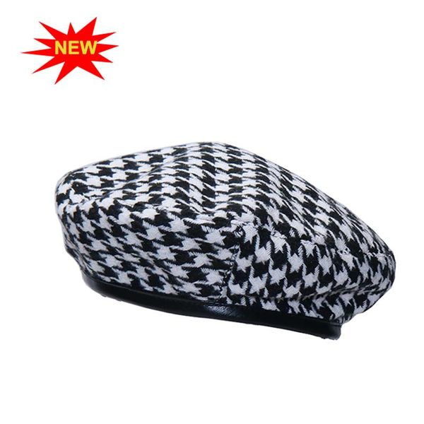 

berets autumn winter plaid beret hats for women french fashion female houndstooth black with adjustable rope, Blue;gray