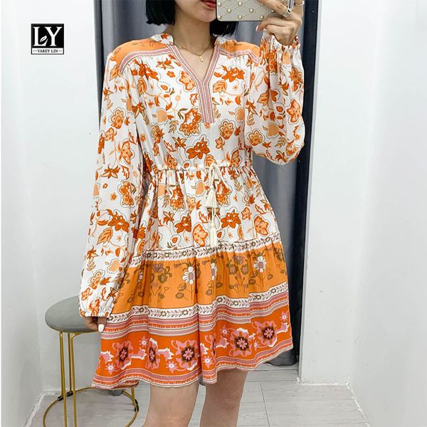

dresses autumn yellow floral print dresses women national style long sleeve drawstring sash tie up ladies dress, Black;gray