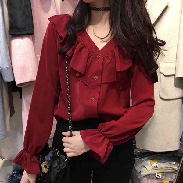 

the autumn chiffon shirt v-neck loose design sense retro niche ruffled super fairy horn sleeve foreign 210423, White