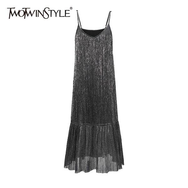 

twotwinstyle patchwork sequined dress for women square collar sleeveless high waist vintage dresses female summer fashion 210428, Black;gray