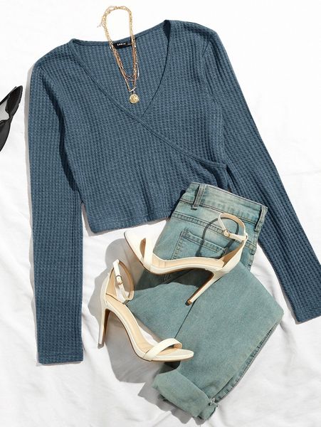 

heathered knit surplice neck cropped tee u1kt#, White
