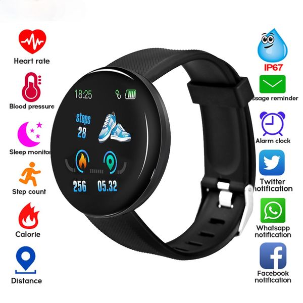 Relógio inteligente D18 masculino e feminino para pressão arterial redondo Smartwatch esportivo à prova d'água Relógios inteligentes rastreador de fitness para Android Ios