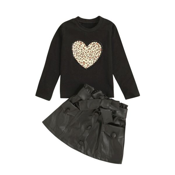 

clothing sets fashion kids baby girl clothes autumn leopard love print long sleeve t-shirts+pu skirts with belt children outfit 1-6y, White