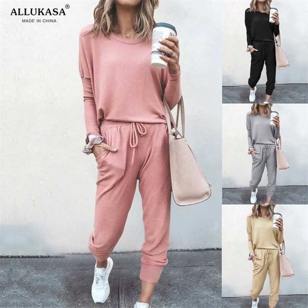 

spring autumn tracksuit women 2 piece set loose comfortable simple style solid color long sleeve casual suit clothes 211221, White