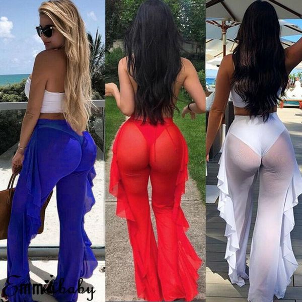 

boho womens high waist wide leg see-through long flared bell bottom mesh sheer pants women's & capris, Black;white