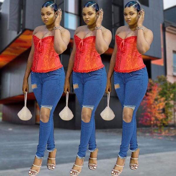 

women's jeans women ripped hole pencil pants high waist denim fashion slim blue retro washed skinny trousers for