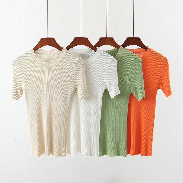 

women's tanks & camis short-sleeved knitted t-shirt female 2021 style slim and thin inside a foreign shirt fashion bottoming, White