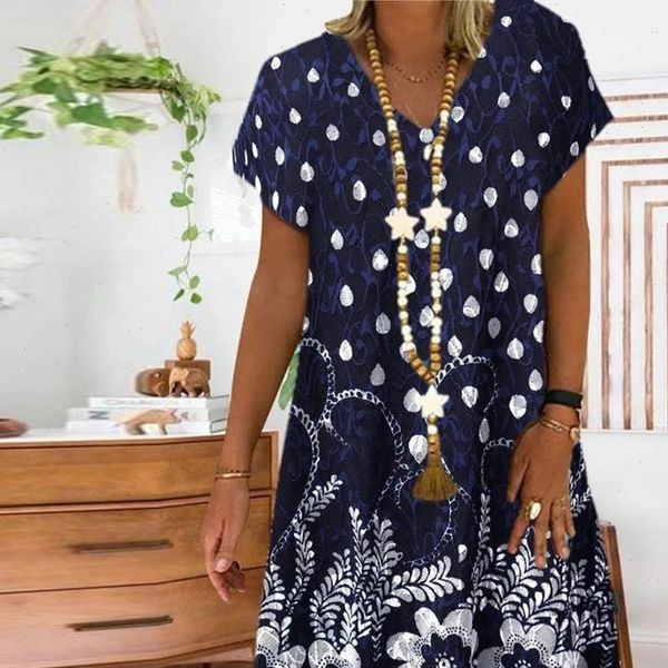 

summer dot floral print patchwork womens dresses loose v neck short sleeves lady sundress beach plus size 25, Black;gray