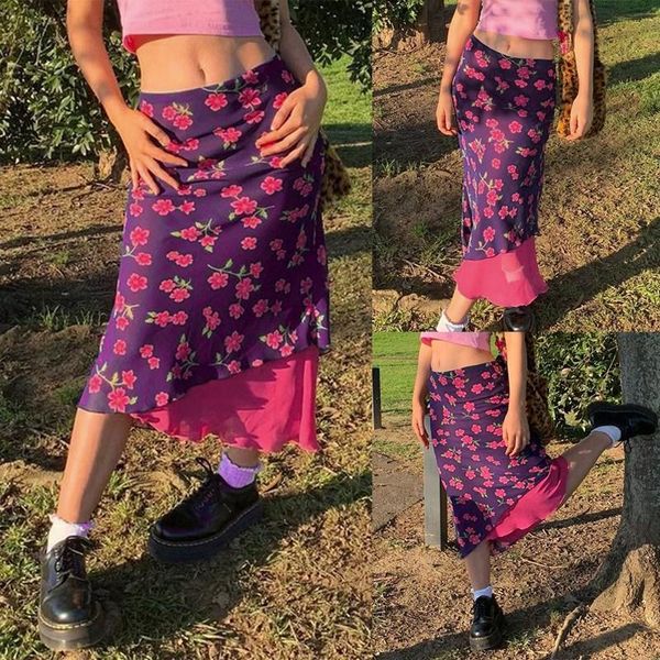 

skirts flower print cute midi women double layer chiffon kawaii clothes aesthetic low waisted pencil skirt, Black