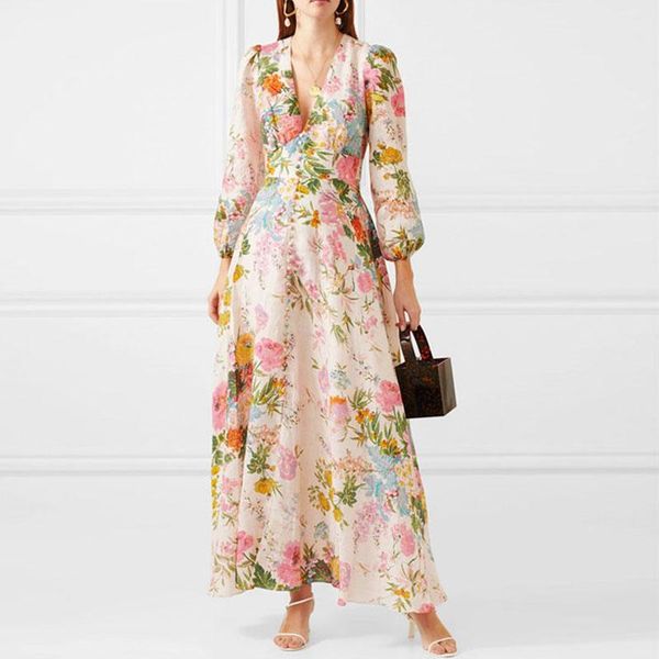 

casual dresses bohemian deep v neck holiday dress 2021 summer women's pink floral print long split lantern sleeve sashes, Black;gray