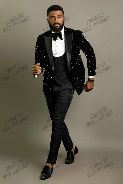 

men's suits & blazers 2021 crystal beading black velvet men costume homme groom tuxedos wedding terno masculino slim fit 3 pieces party, White;black