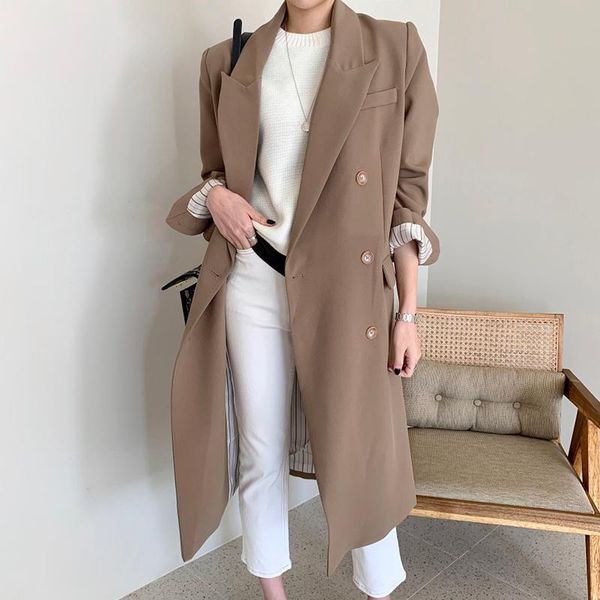 

women's trench coats korean chic autumn elegant suit collar windbreaker coat loose back split over the knee single breasted women, Tan;black