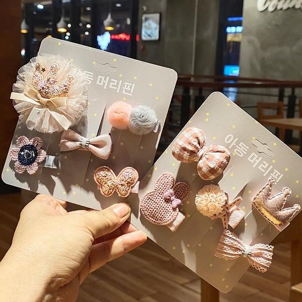 

hair accessories 5pcs/set children's fabric hairpin cartoon bow lace kids girls barrettes clips headwear, Slivery;white