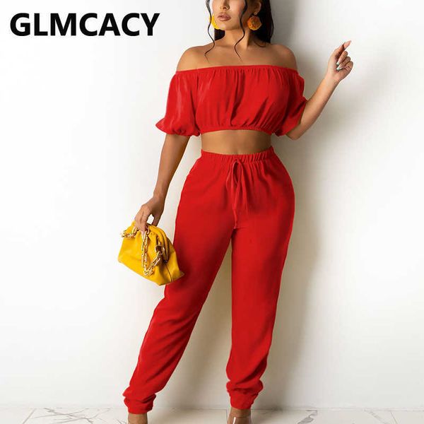 

two piece casual chic streetwear suits off shoulder crop & long pants set 210702, White