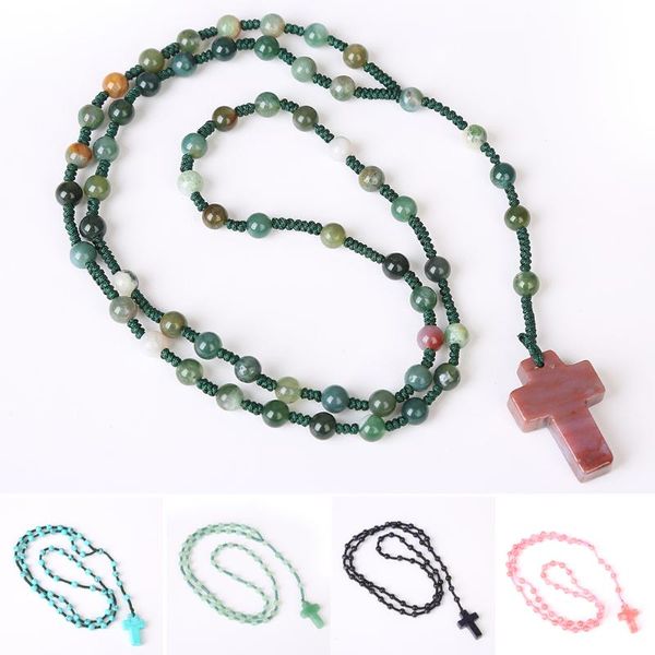 

pendant necklaces 6mm women men beads cross prayer necklace catholic religious crucifix jesus christian virgin mary rosary jewelry, Silver
