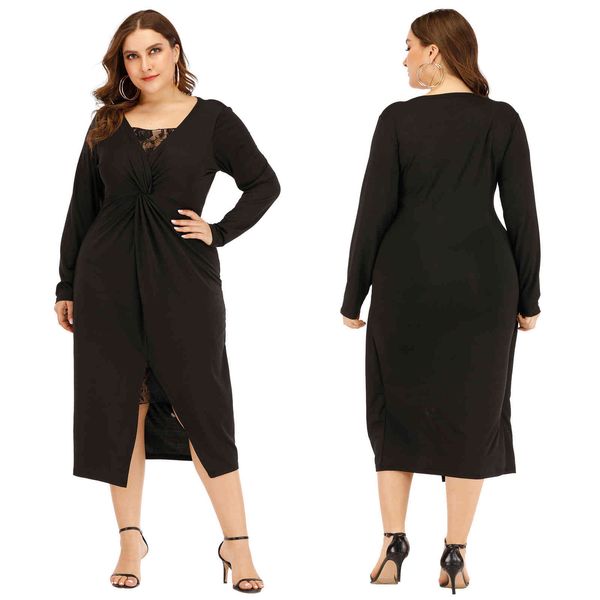 

women's plus size large lace stitching irregular split long sleeve 91130