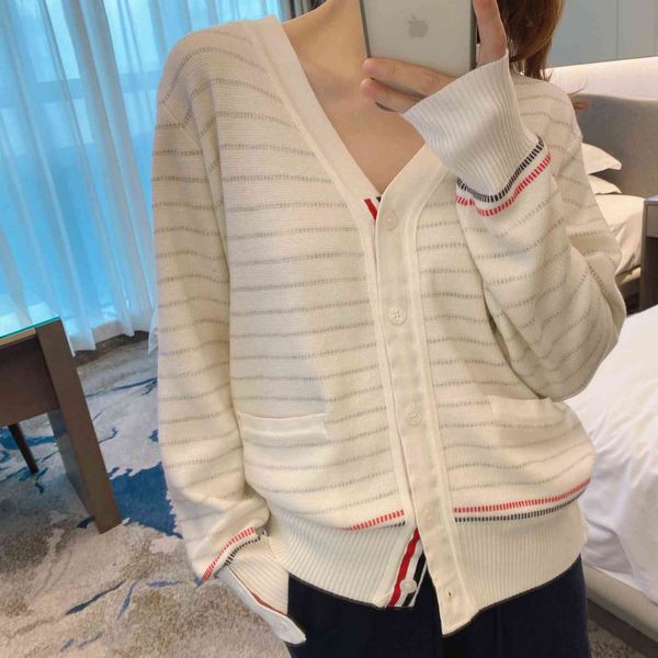 

tb college style dotted line stripe contrast loose casual knitted wool v-neck cardigan small coat 21 autumn, White;black