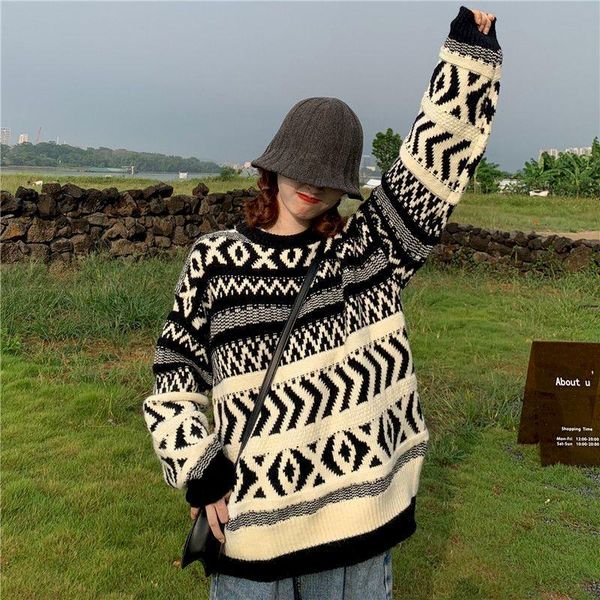 

women's sweaters autumn winter round neck jacquard sweater female contrast color port style retro loose thin wild lazy comfortable home, White;black