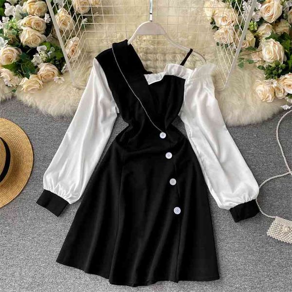 

women autumn patchwork dress short irregular collar off-shoulder strap lantern sleeve elegant mini vestidos gk482 210507, Black;gray