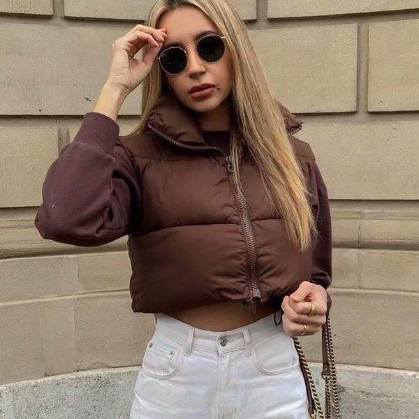 

women's vests women spring casual za sleeveless coffee color short parkas vest chic lady fashion high collar jackets outwear 9dva, Black;white