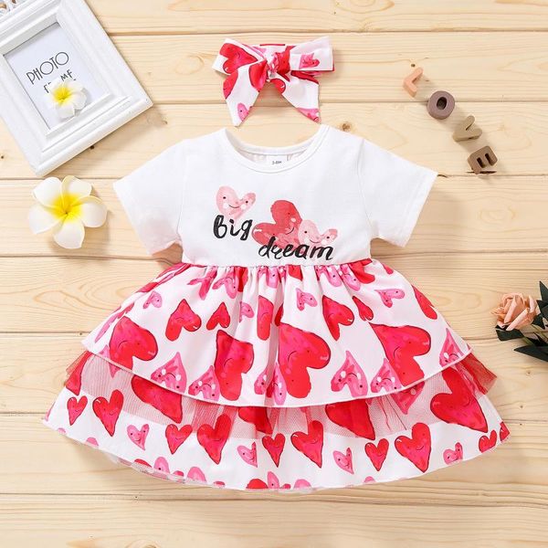 

clothing sets letter heart print outfits born infant baby girl valentines day short sleeve bubble tulle princess dress headband clothes set, White