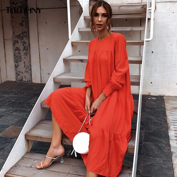 

casual dresses tosheiny autumn winter midi long sleeve solid color ruffles loose tunice dress m0185-1, Black;gray