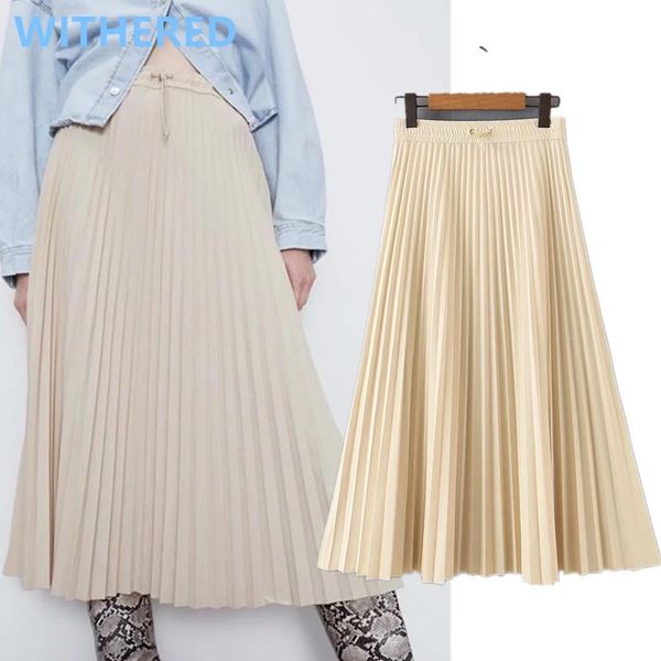 

skirts withered england office lady elegant solid simple drawstring pleated high waist skirt women faldas mujer moda 2021 womens, Black
