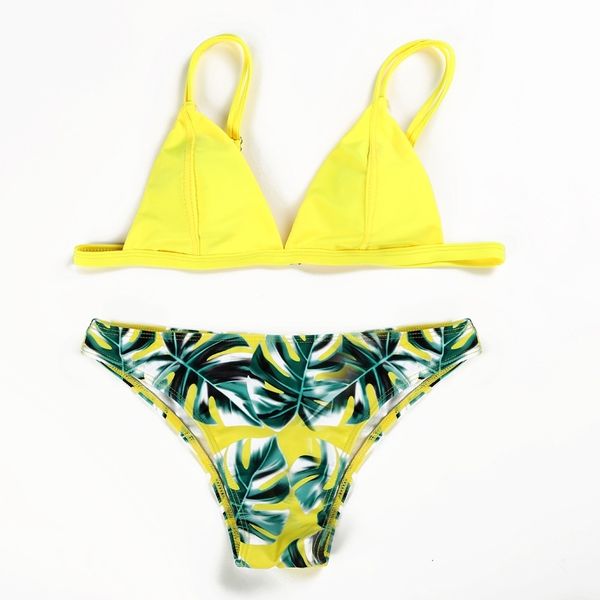 

special split beach swimsuit green leaf printed bikini swimsuit, White;black