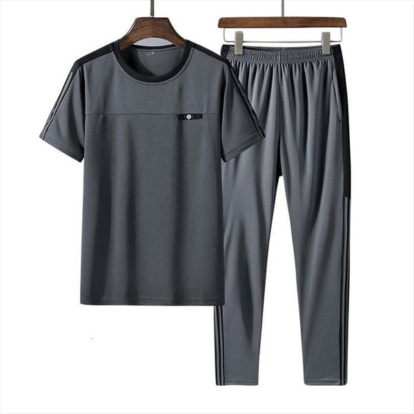 

summer 2 pieces set business mens tracksuit casual fashion sporting suit elastic band zipper sweatshirt sweatpants black clothing, Gray
