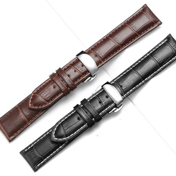 

watch bands butterfly buckle leather band genuine strap 14mm 16mm 18mm 19mm 20mm 21mm 22mm 24mm watchband, Black;brown