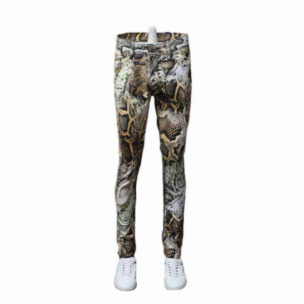 

fashion men's serpentine printed jeans male coloured drawing trousers flower pants mens skinny jeans classic snake grain 211120, Blue