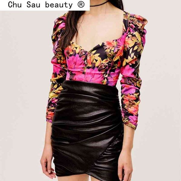 

fashion summer casual chic floral print crop women deep v-neck shirts female backless blouses 210508, White