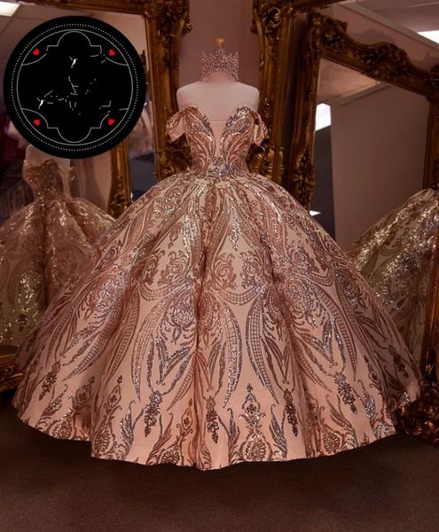 Vestidos de 15 Años Tquinceanera Платья с розовым золотом блесток Applique Sweet 16 Dress Off Pageant Pageant Prom Page