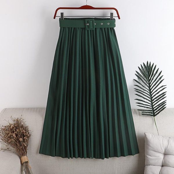 

autumn winter women fashion skirts big size casual a line slim solid elastic waist pleated high waisted midi skirt, Black