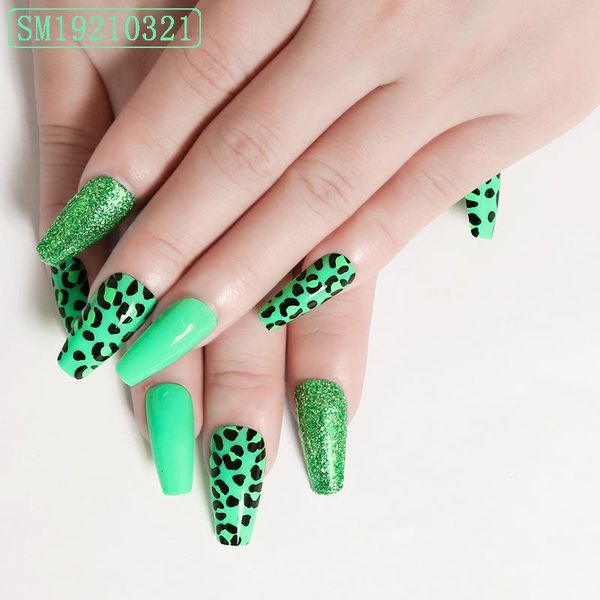 

false nails 24pcs nail sticker fake green onion pink leopard print art finished pieces polish glue diy decoration, Red;gold