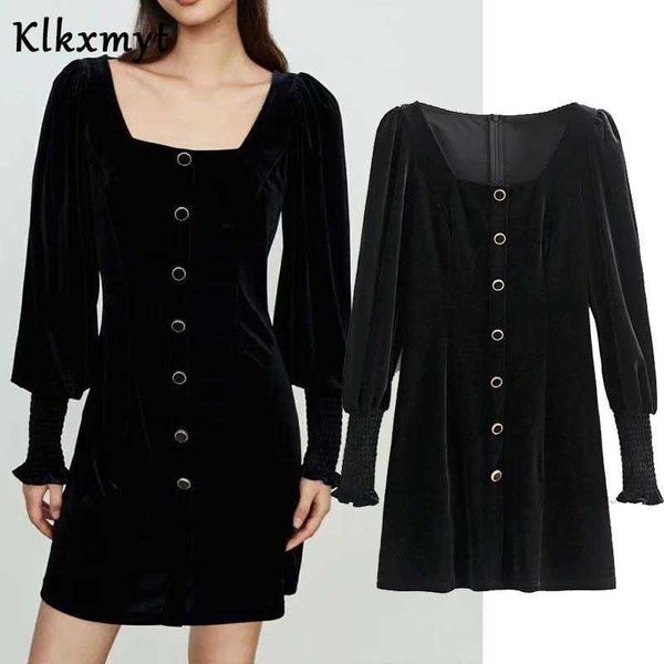 

klkxmyt za dress women autumn chic fashion metal buttons velvet vintage long sleeve mini dresses female vestidos mujer 210527, Black;gray