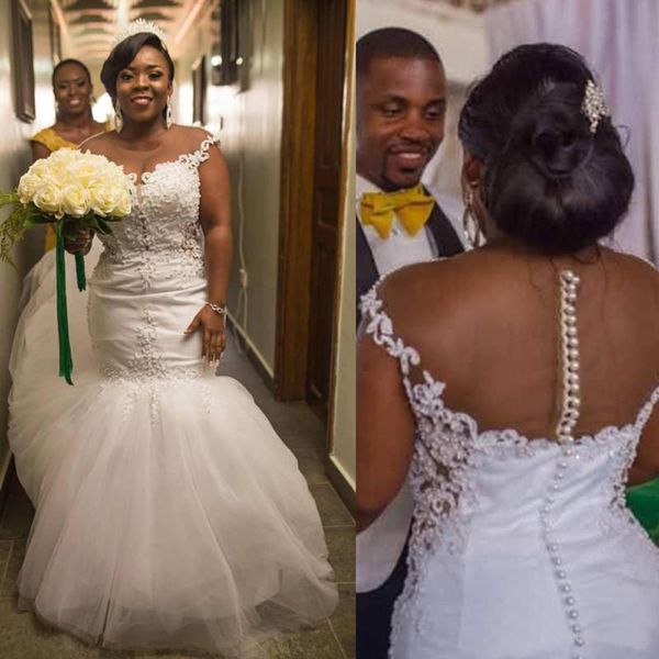 

plus size african mermaid wedding dresses bridal gowns 2021 illusion neck see through back appliques lace beads long bride dress, White