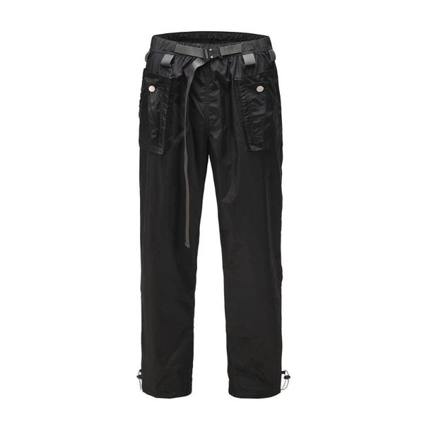 

with a belt functional style straight pants mens high street fashion brand drawstring leggings hip hop cargo men's, Black