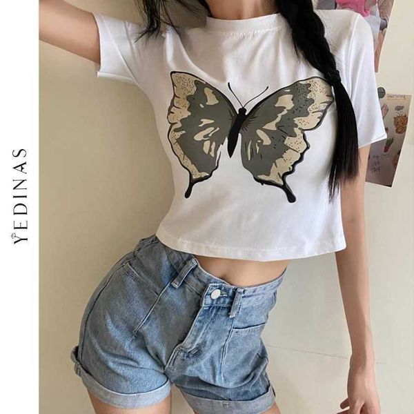 Yedinas Schmetterling Gedruckt Crop Tops Frauen Y2k Sommer Grunge Stil Oansatz Kurzarm T-shirts Grafik T-shirt Weiß T-shirts 210527