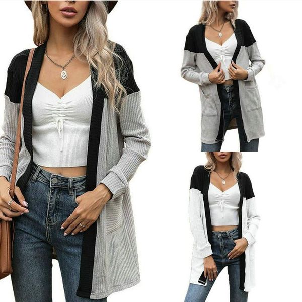 

women's knits & tees long sleeve loose knitted mid-length coat sweater jumper cardigan black-white women full v-neck pockets