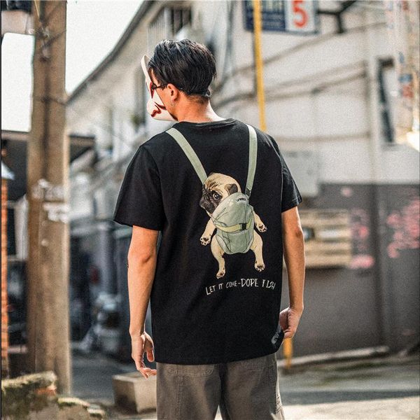 

men's t-shirts summer men short sleeve t-shirt couples japanese round neck loose cartoons dog printing large size, White;black