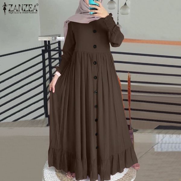 

casual dresses elegant buttons dress women 2021 spring ruffle maxi vestidos solid puff sleeve ladies kaftan sundress plus size j3h, Black;gray