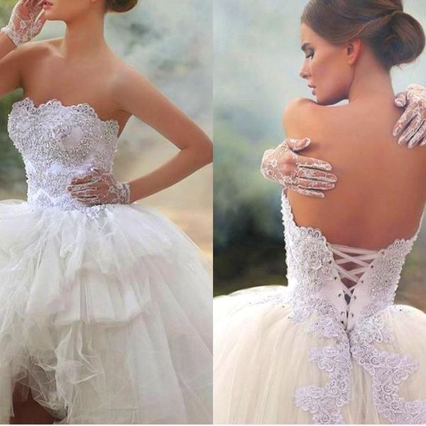 

modest high low beach wedding dresses bridal gown lace applique corset back beaded crystals tiered skirt tulle custom made vestido de novia, White